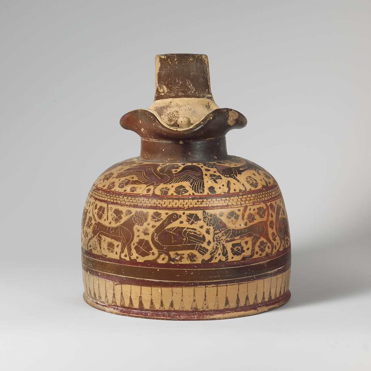 Terracotta oinochoe (jug) with lid, Attributed to the Canessa Painter, Terracotta, Greek, Corinthian 