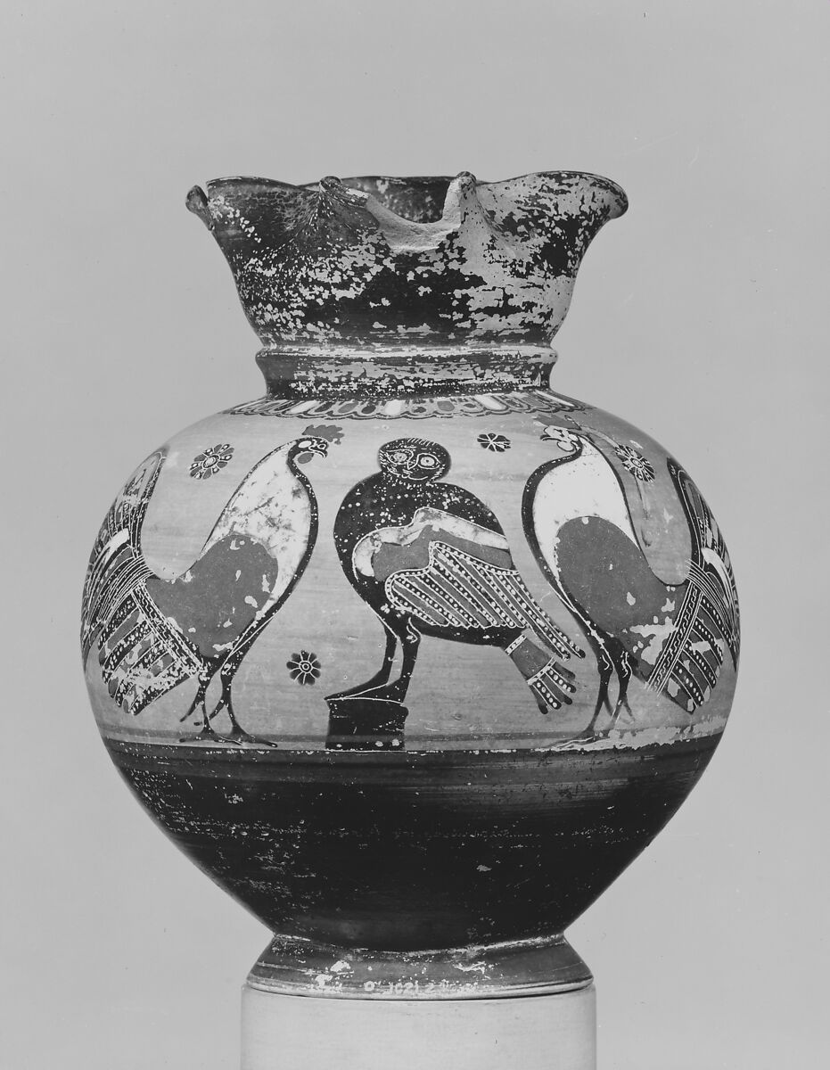 Terracotta oinochoe (wine jug), Attributed to the Lotus-Cross Painter, Terracotta, Greek, Corinthian 