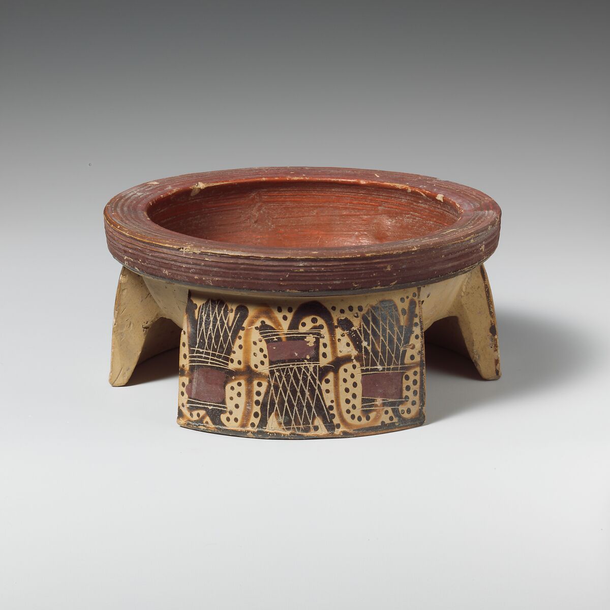 Terracotta tripod pyxis (box), Terracotta, Greek, Corinthian 