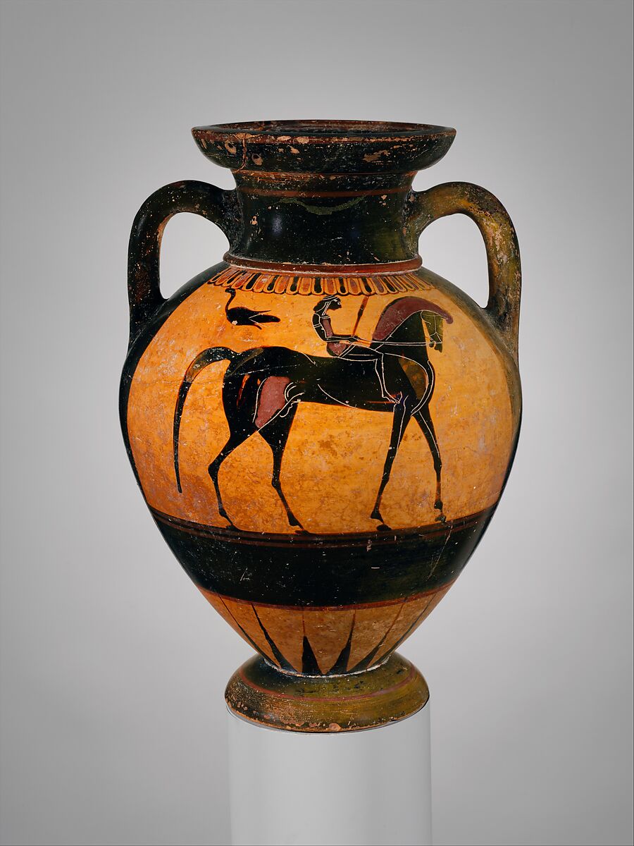 Terracotta neck-amphora (jar), Terracotta, Greek, Attic 