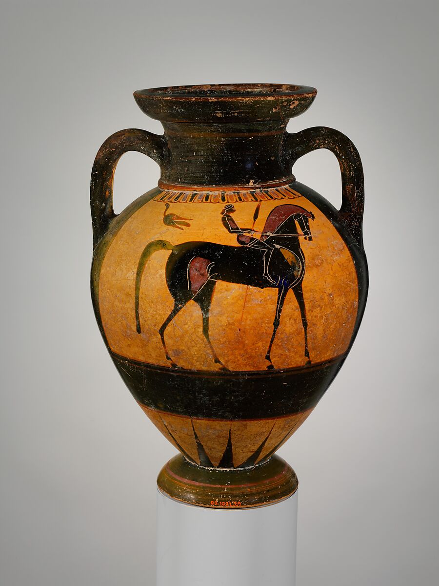 Terracotta neck-amphora (jar), Terracotta, Greek, Attic