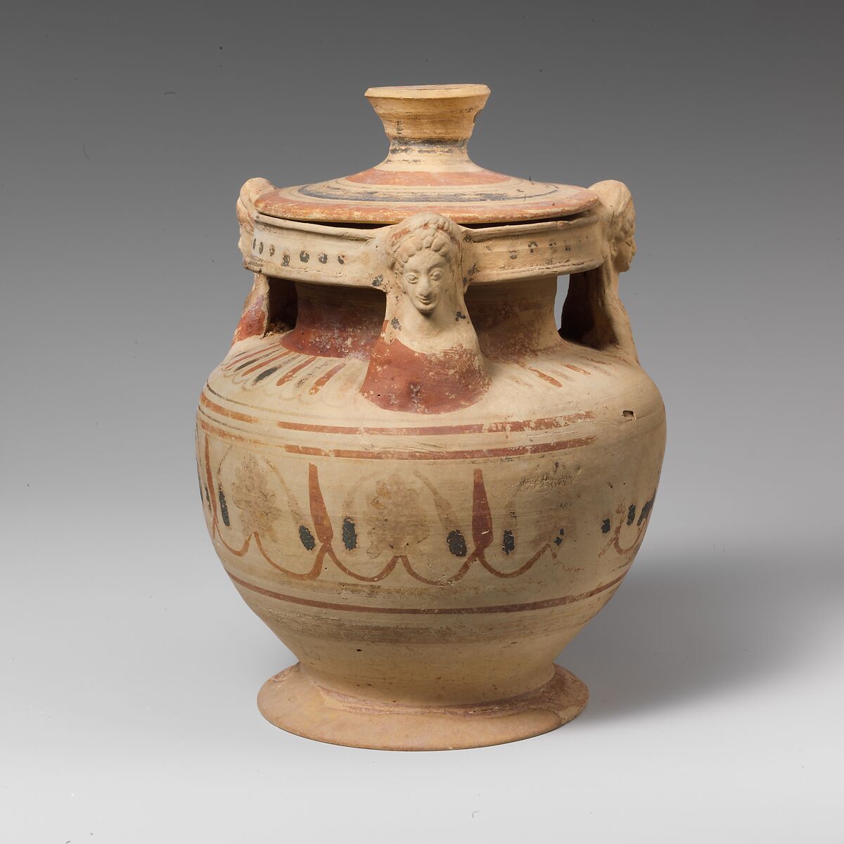 Terracotta pyxis with lid (box), Terracotta, Greek, Corinthian 