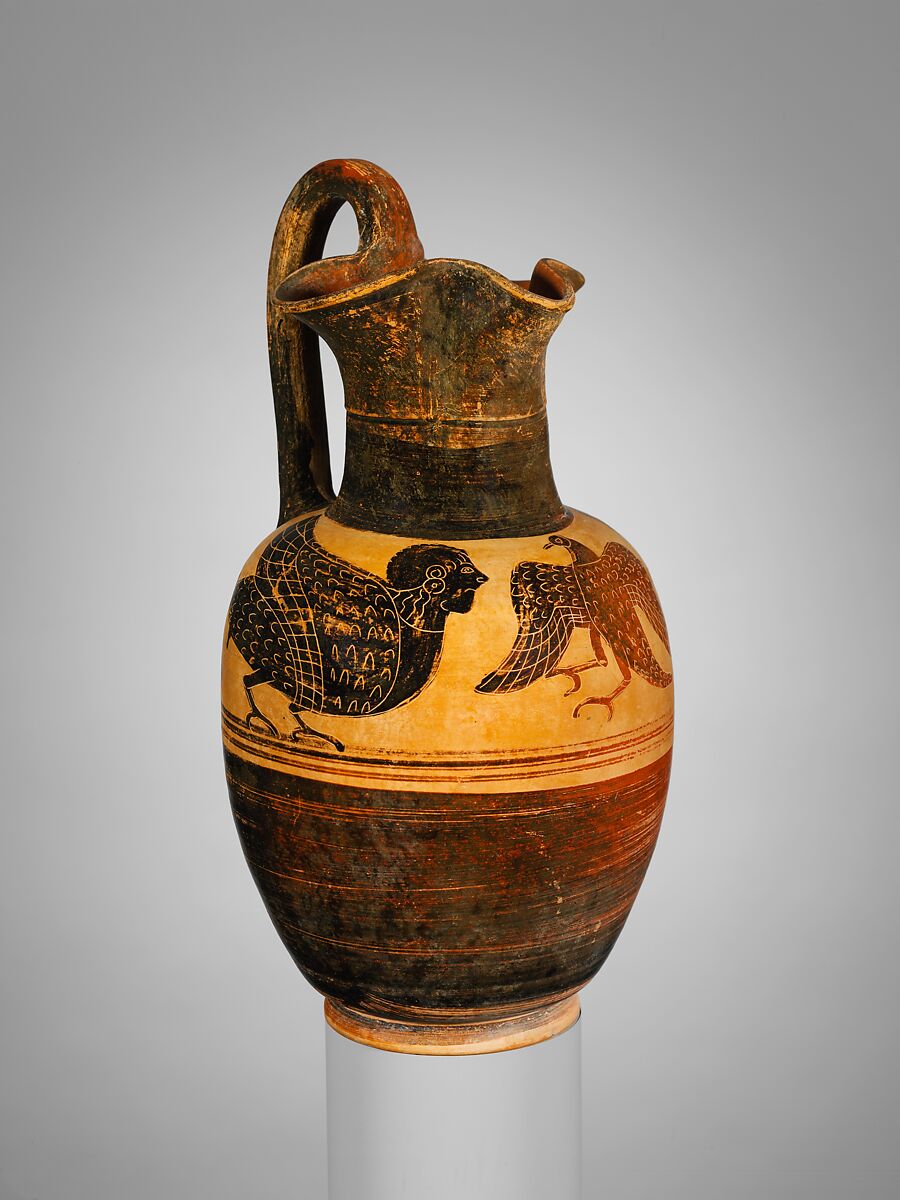 Terracotta oinochoe (jug), Attributed to the Micali Painter, Terracotta, Etruscan 