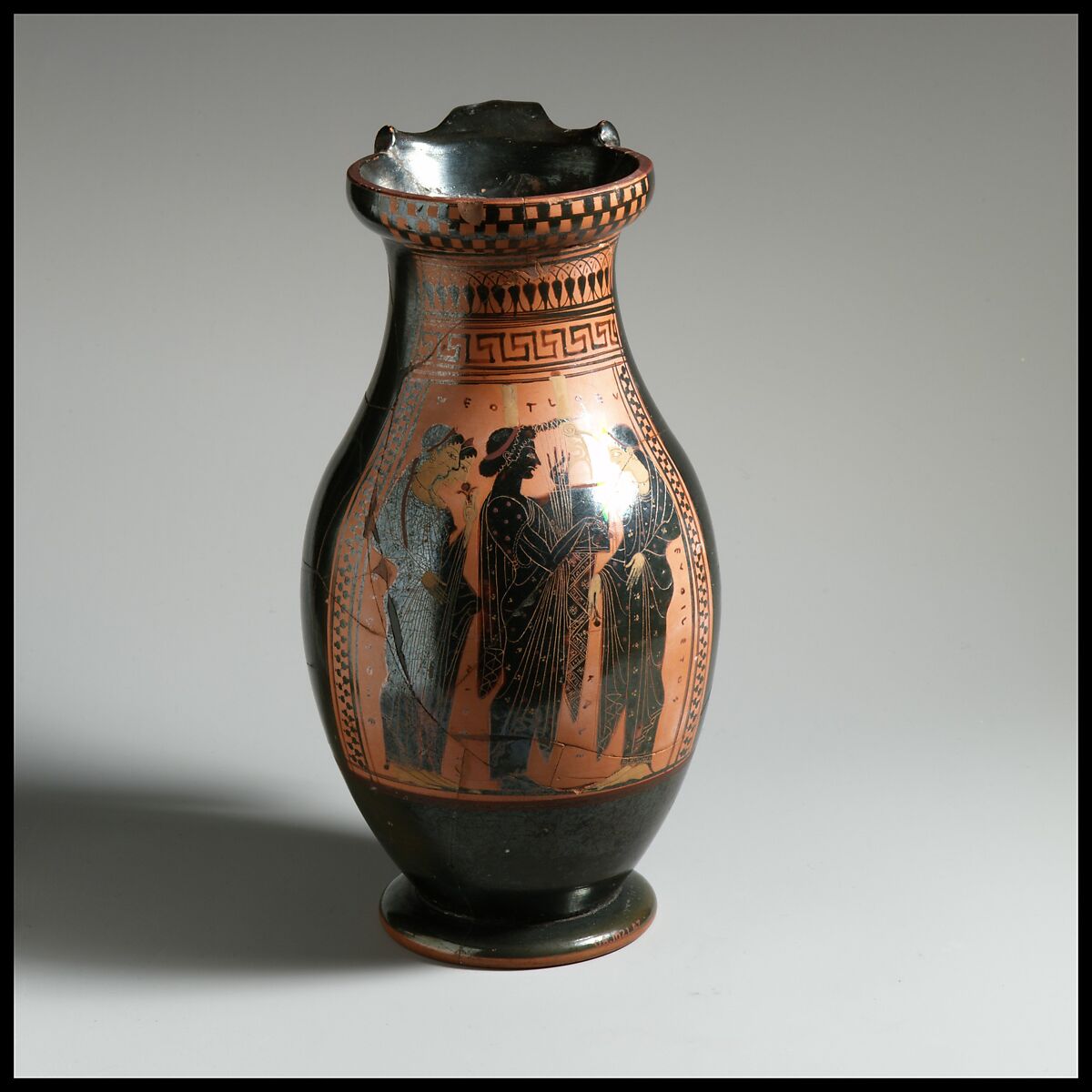 Terracotta oinochoe: olpe (round-mouthed jug), Possibly by the Euphiletos Painter, Terracotta, Greek, Attic 