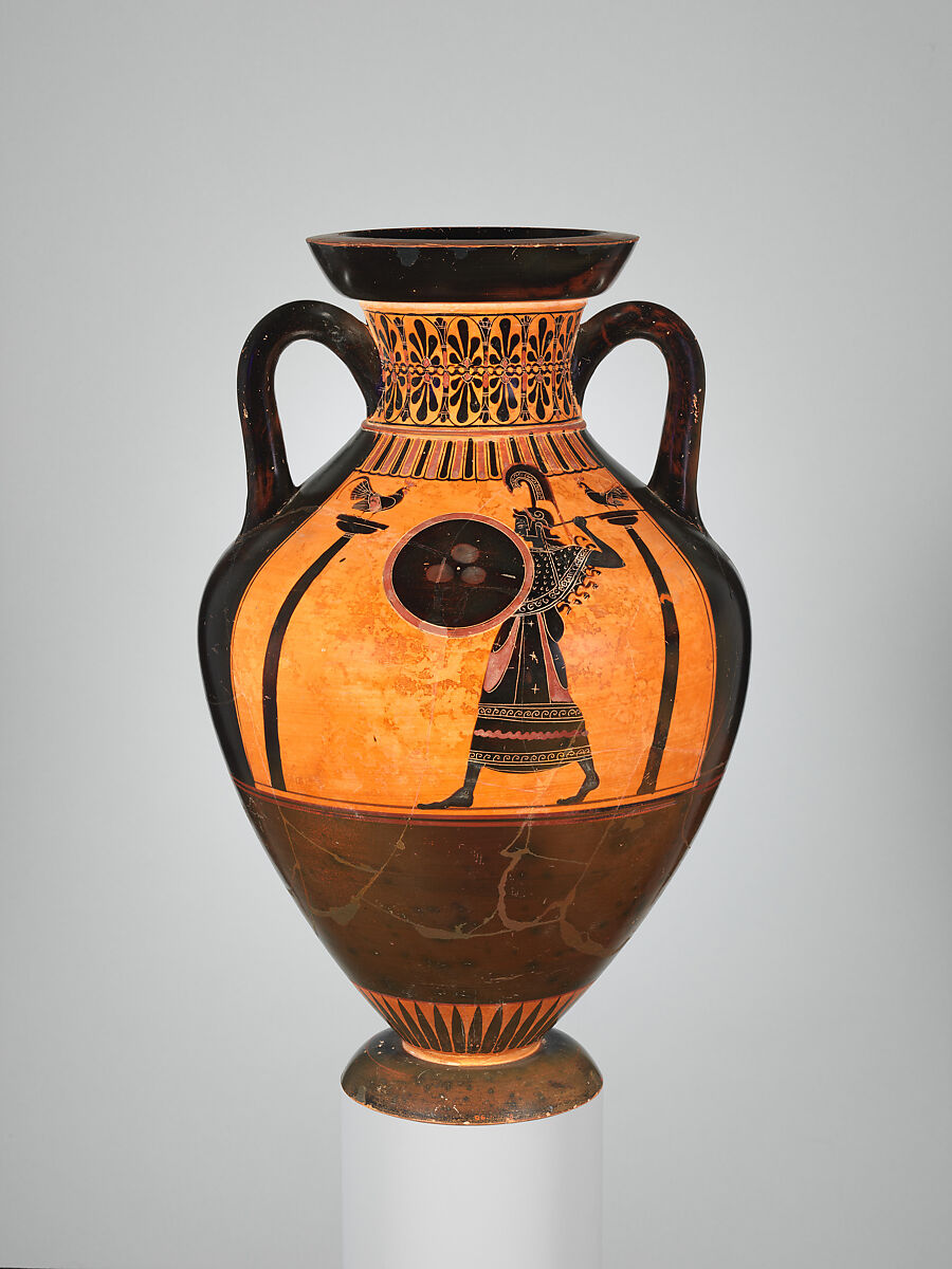 Terracotta neck-amphora (jar) of Panathenaic shape, Attributed to the Antimenes Painter, Terracotta, Greek, Attic 