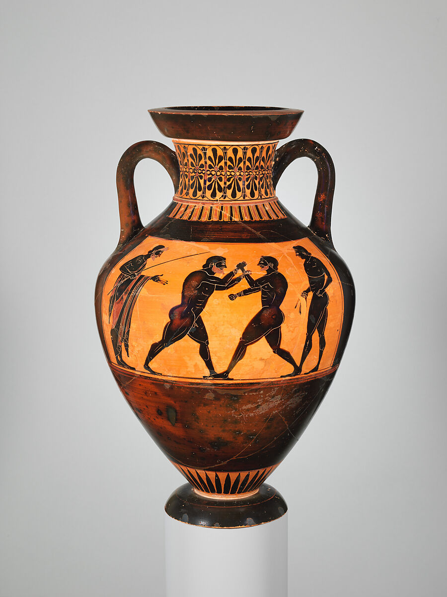 Terracotta neck-amphora (jar) of Panathenaic shape, Attributed to the Antimenes Painter, Terracotta, Greek, Attic