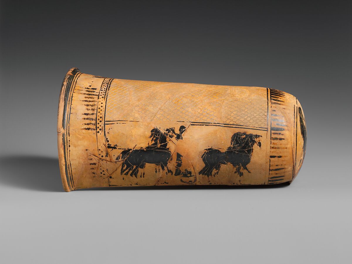 Terracotta onos (leg guard used in carding wool), Terracotta, Greek, Attic