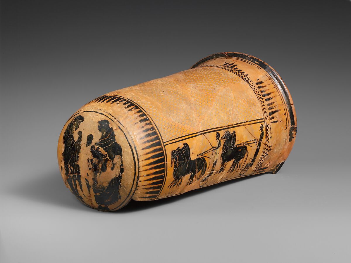 Terracotta onos (leg guard used in carding wool), Terracotta, Greek, Attic 