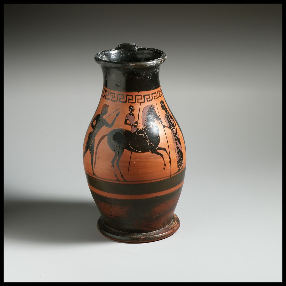Terracotta oinochoe: olpe (jug), Terracotta, Greek, Attic 