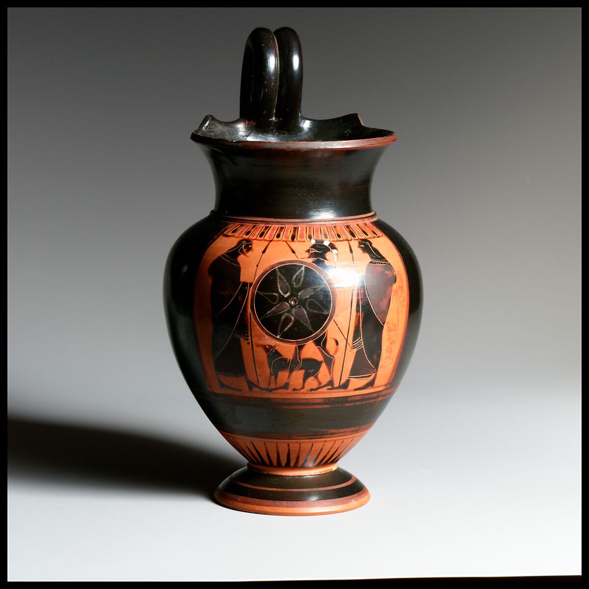 Terracotta oinochoe (jug), Terracotta, Greek, Attic 