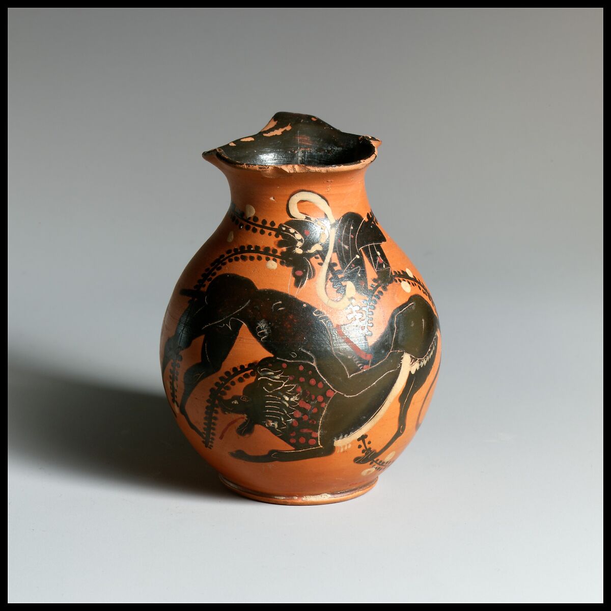 Terracotta oinochoe (jug), Attributed to the Class of the Red-Bodied Oinochoai III, Terracotta, Greek, Attic 
