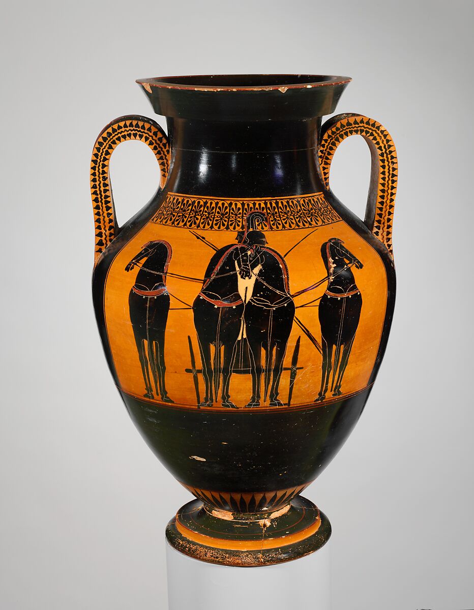 Terracotta amphora (jar), Recalls the Rycroft Painter, Terracotta, Greek, Attic
