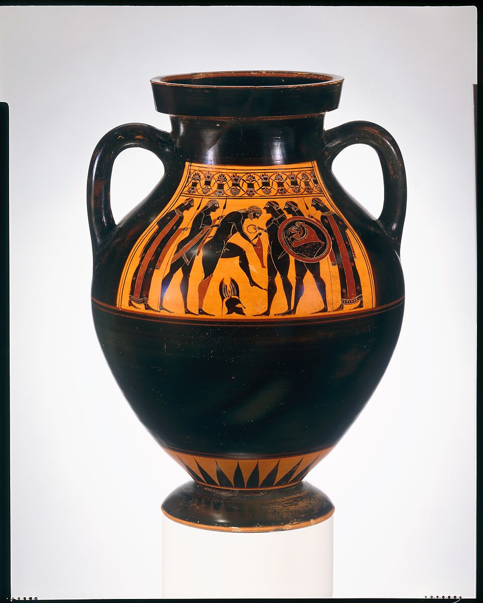 Terracotta amphora (jar), Attributed to the Amasis Painter, Terracotta, Greek, Attic 