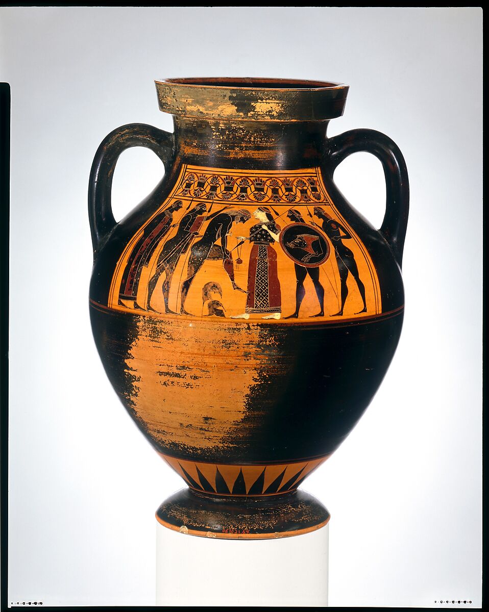 Terracotta amphora (jar), Attributed to the Amasis Painter, Terracotta, Greek, Attic