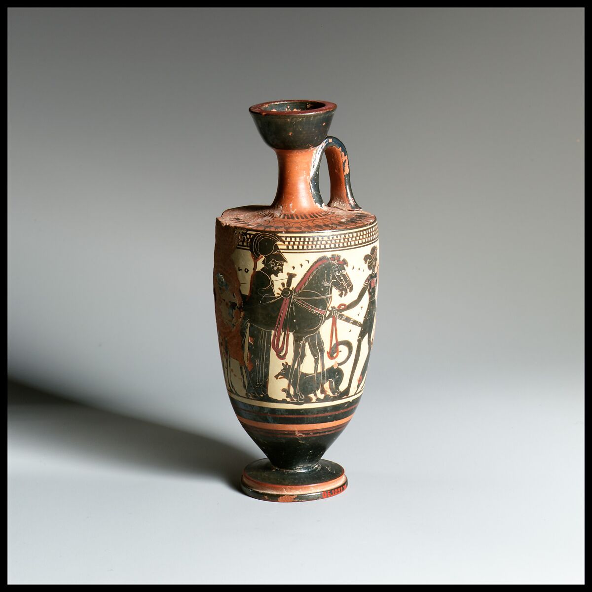 Terracotta lekythos (oil flask), Attributed to the Sappho Painter, Terracotta, Greek, Attic 