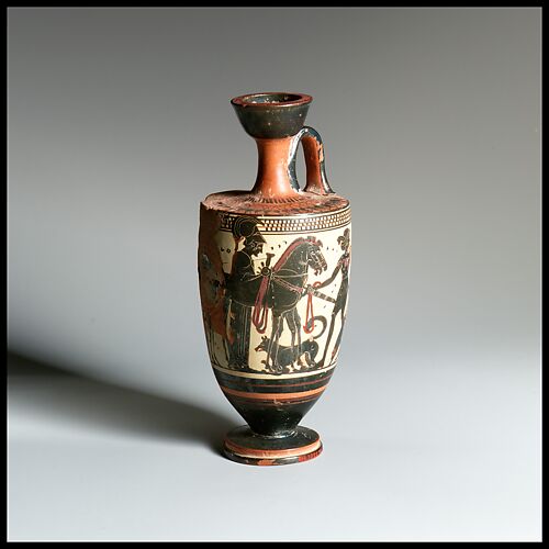 Attributed to the manner of the Sappho Painter, Terracotta lekythos (oil  flask), Greek, Attic, Late Archaic