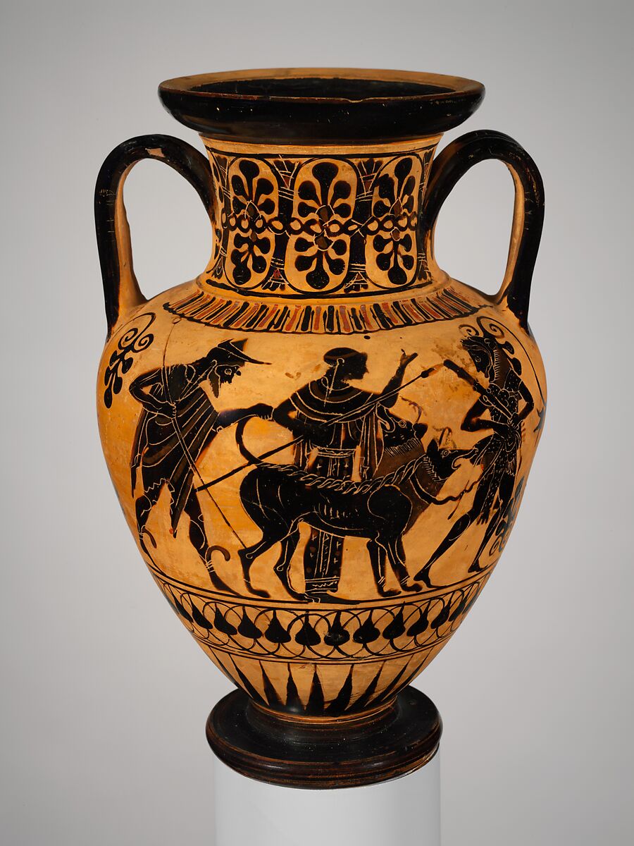 Terracotta neck-amphora (jar), Terracotta, Greek, Attic