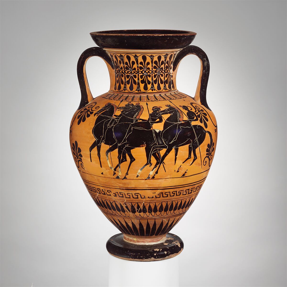 Terracotta neck-amphora (jar), Attributed to the Group of Toronto 305, Terracotta, Greek, Attic