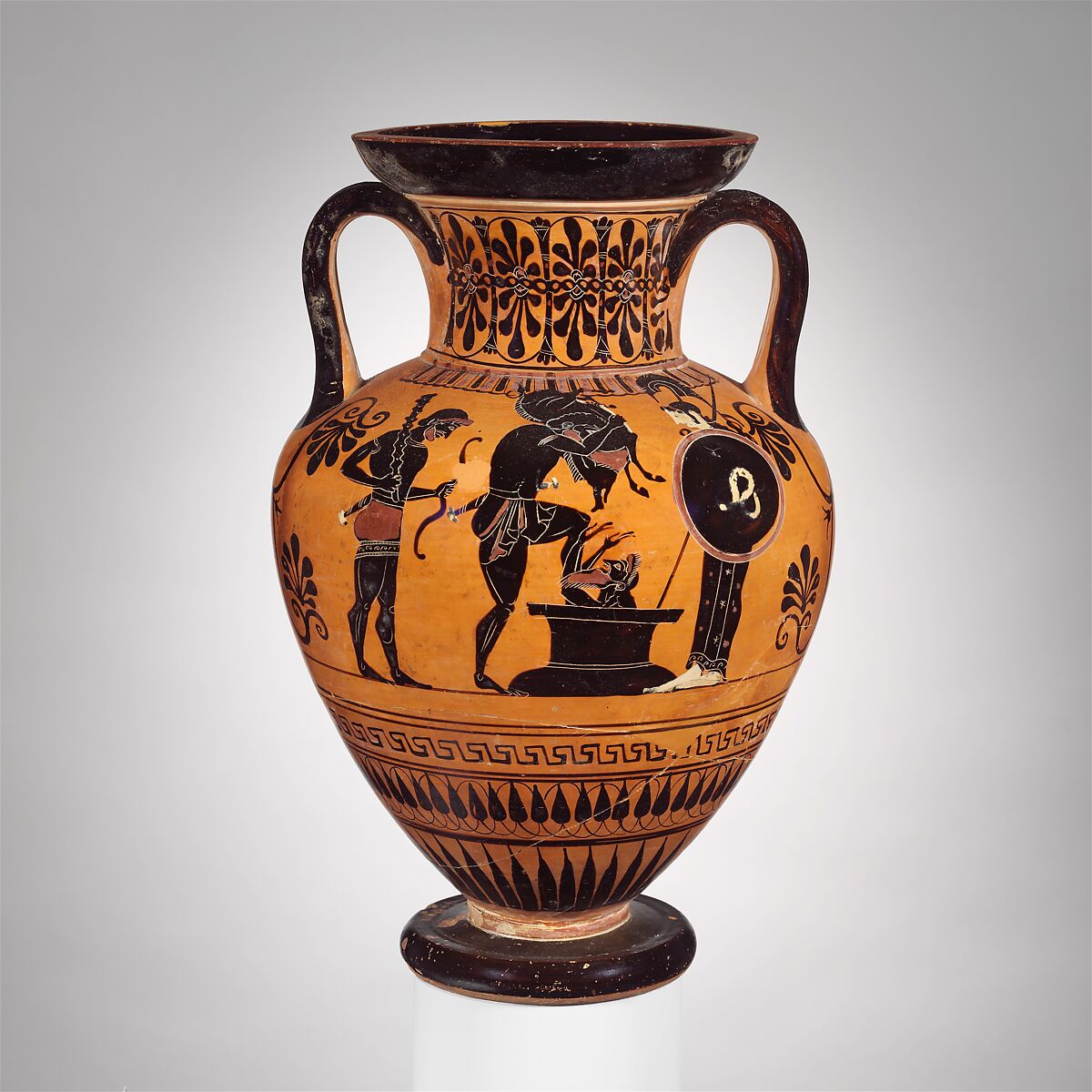 Terracotta neck-amphora (jar), Attributed to the Group of Toronto 305, Terracotta, Greek, Attic 