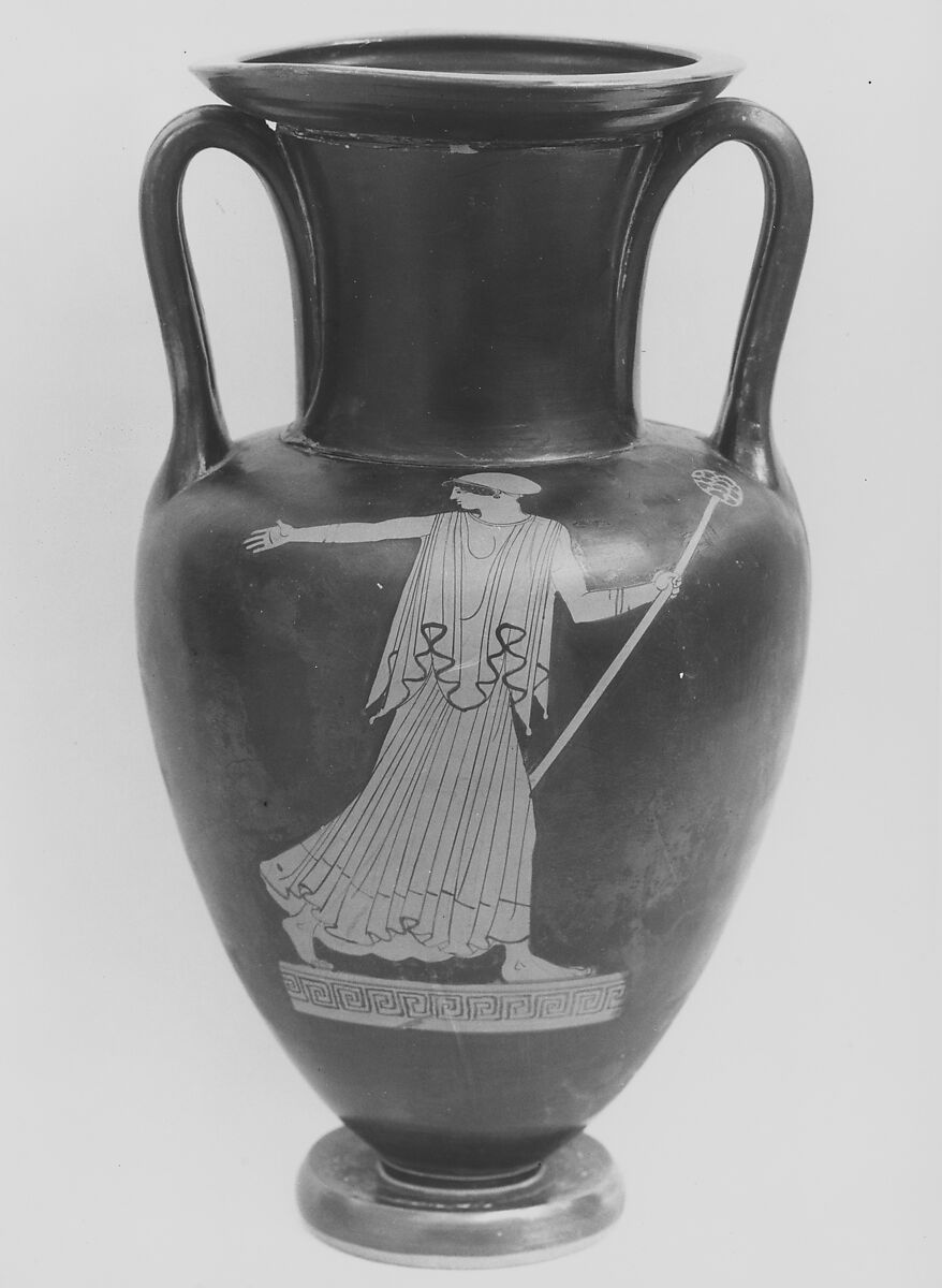 Terracotta Nolan neck-amphora (jar), Attributed to the Providence Painter, Terracotta, Greek, Attic 