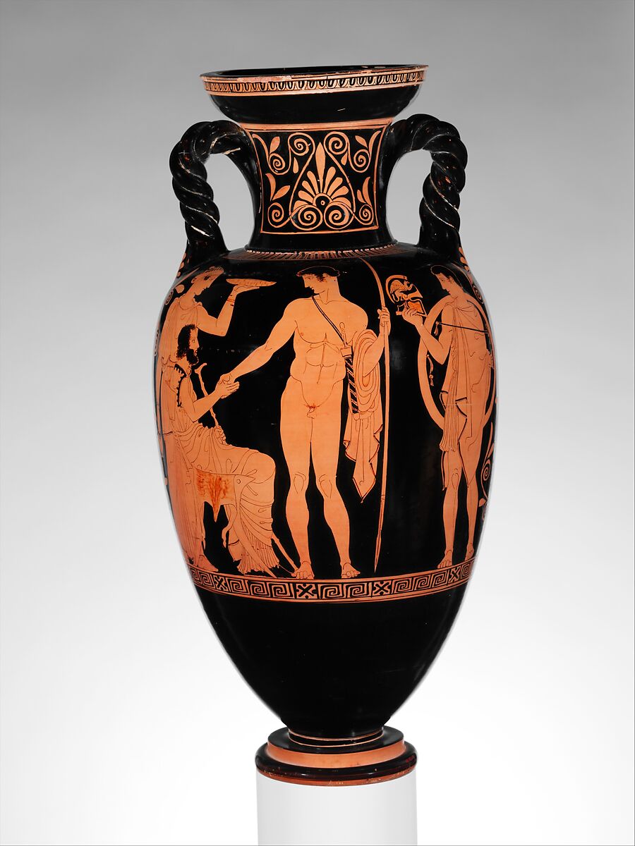 Terracotta neck-amphora (jar) with twisted handles, Attributed to the Lykaon Painter, Terracotta, Greek, Attic 