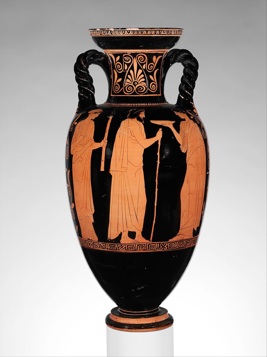 Terracotta neck-amphora (jar) with twisted handles, Attributed to the Lykaon Painter, Terracotta, Greek, Attic