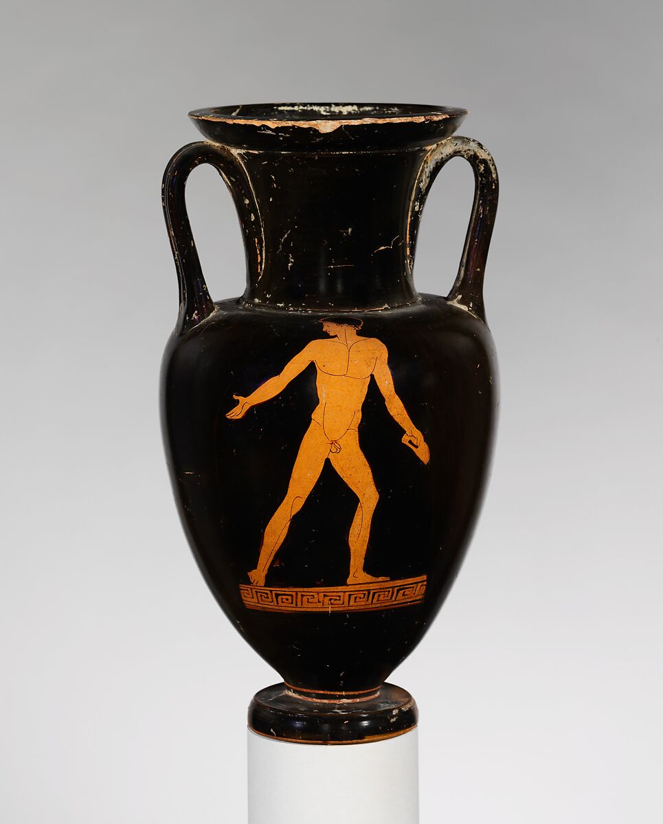 Terracotta Nolan neck-amphora (jar), Attributed to the Loeb Painter, Terracotta, Greek, Attic 
