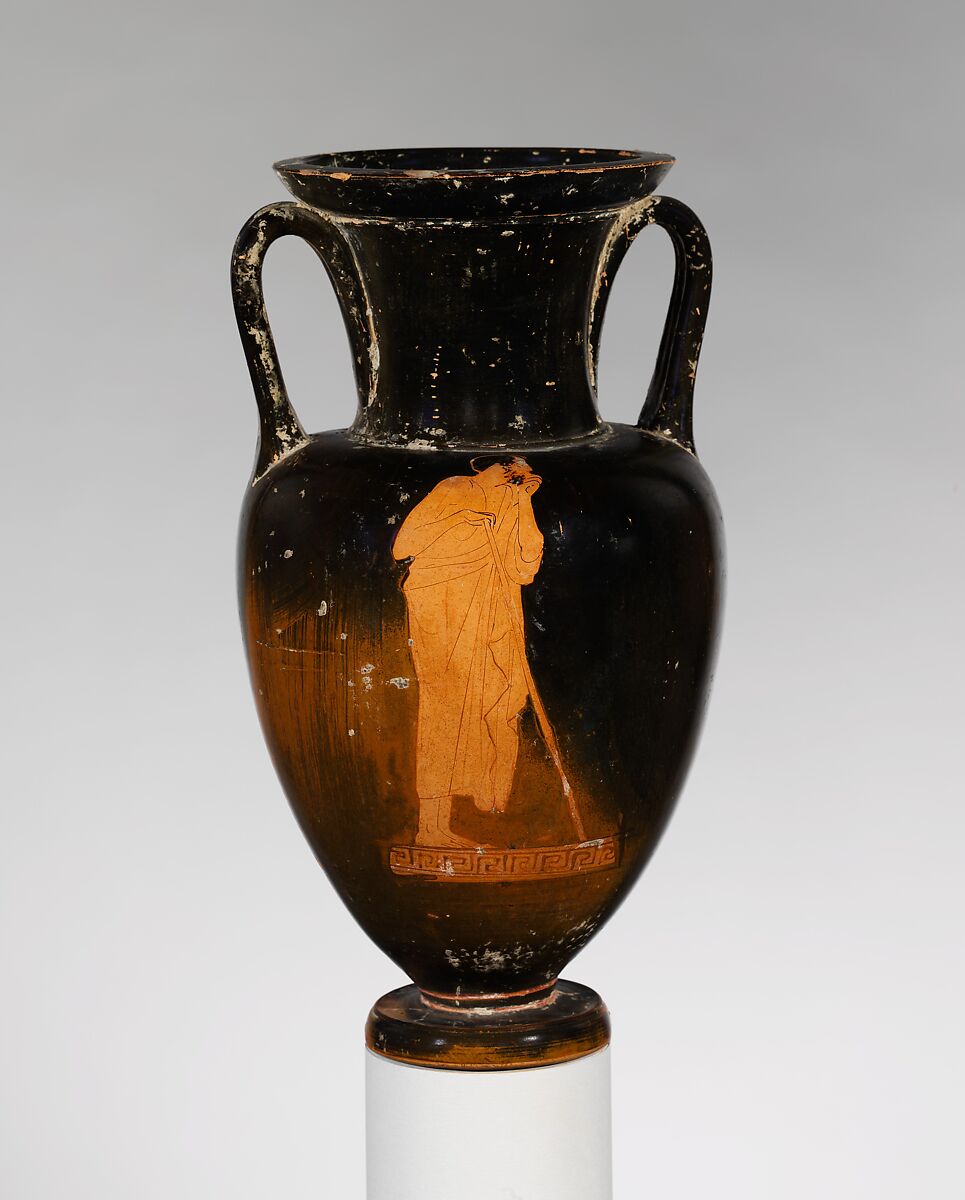 Terracotta Nolan neck-amphora (jar), Attributed to the Loeb Painter, Terracotta, Greek, Attic