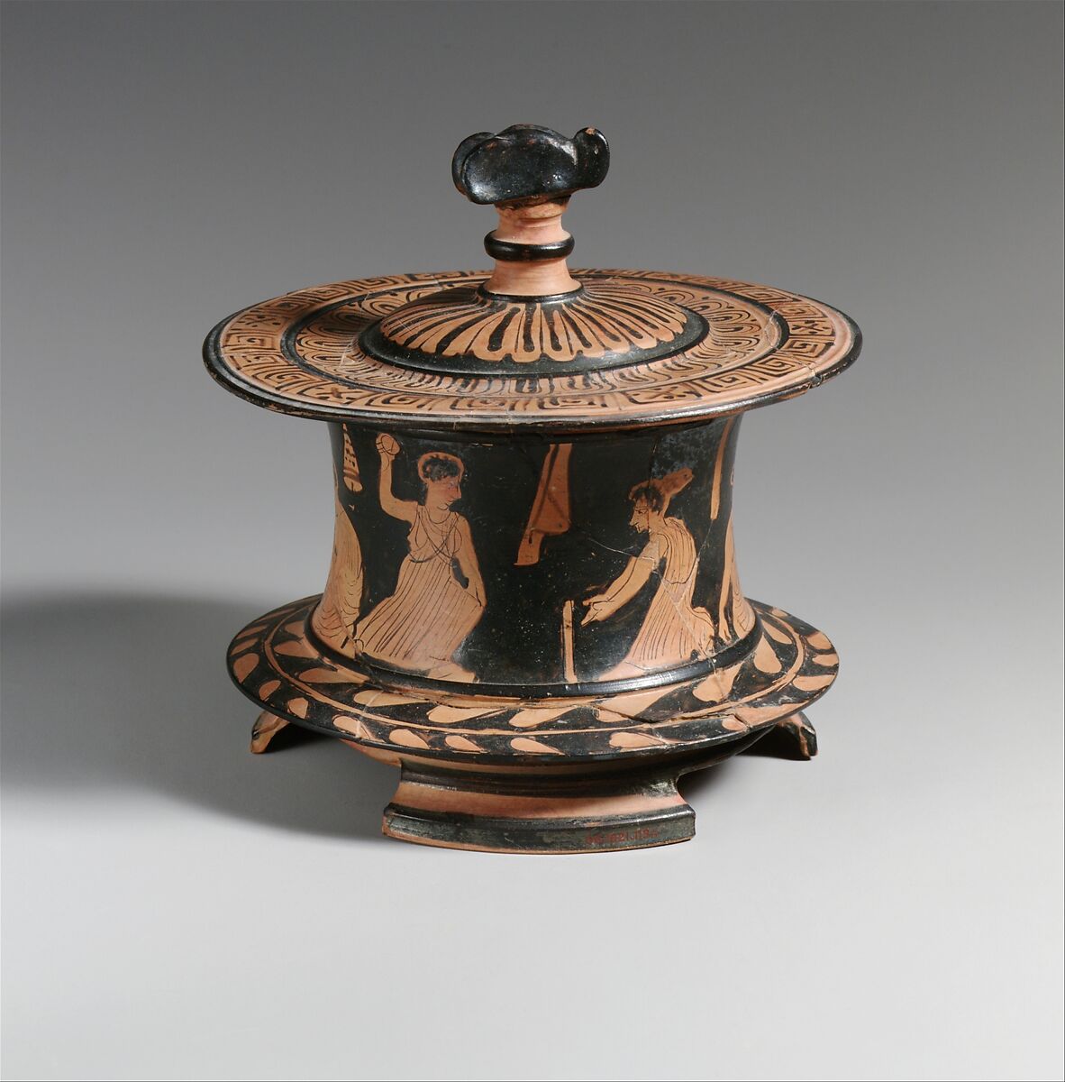 Terracotta pyxis (box), Terracotta, Greek, Attic