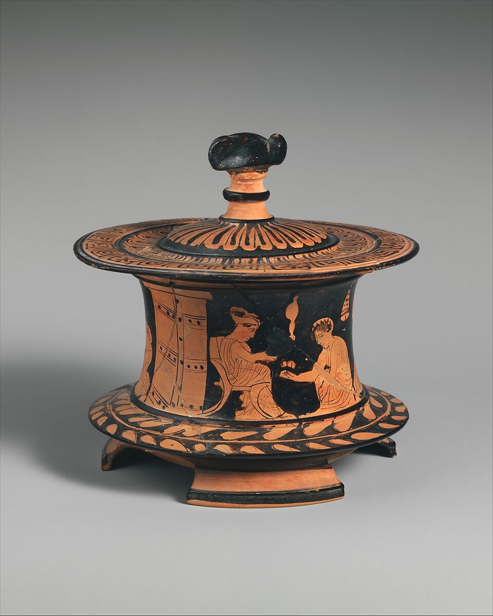 Terracotta pyxis (box), Terracotta, Greek, Attic