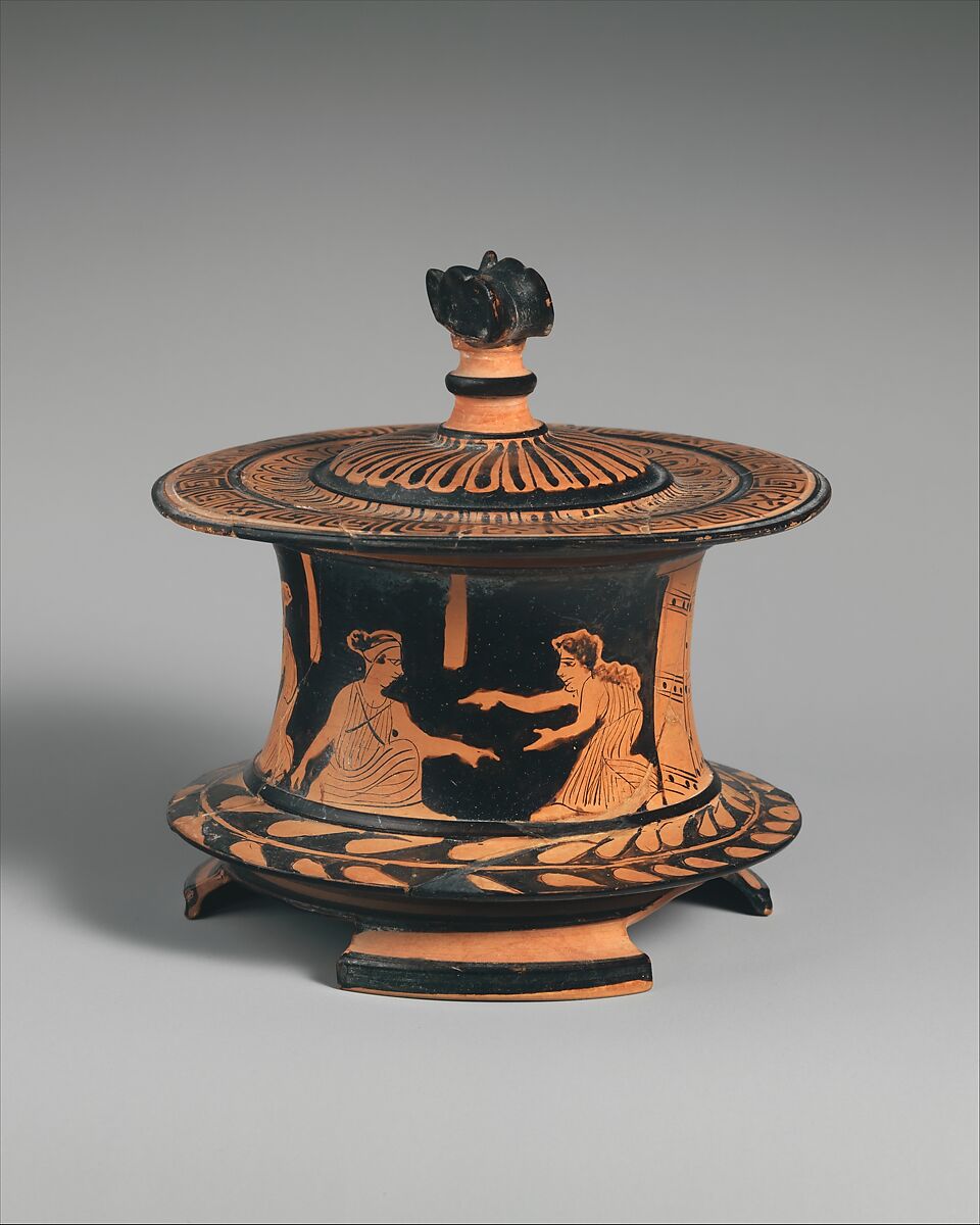 Terracotta pyxis (box), Terracotta, Greek, Attic