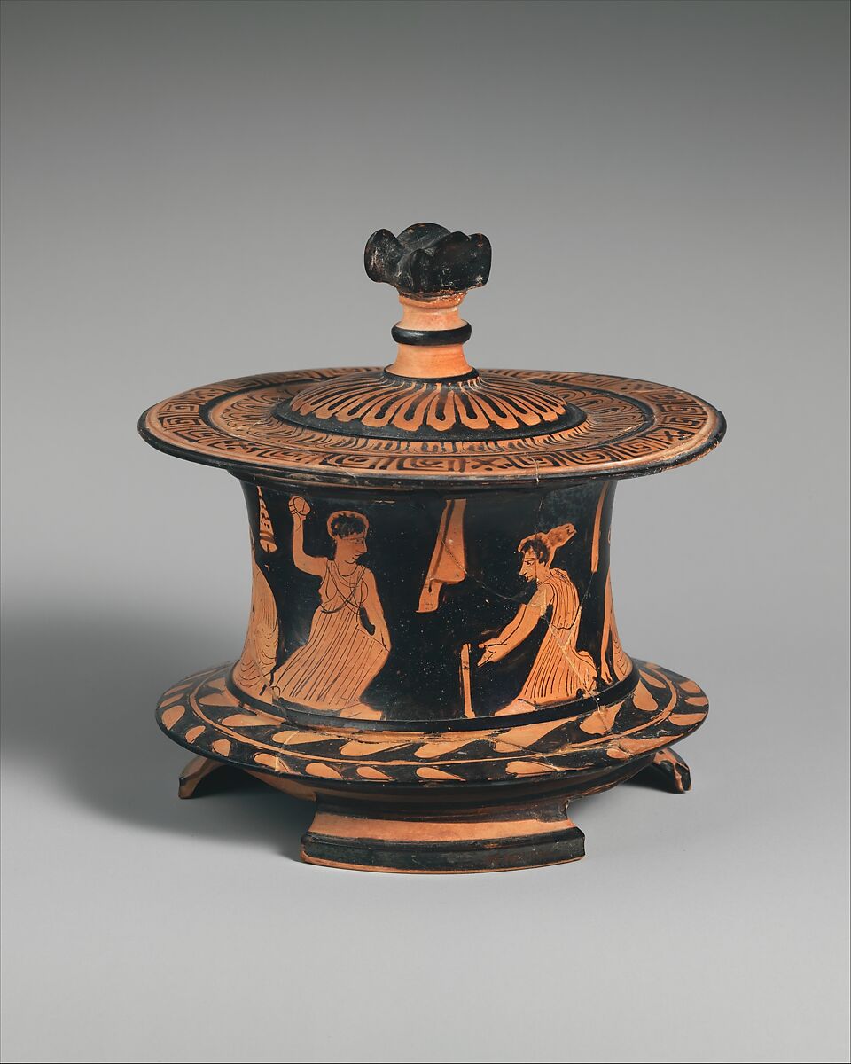 Terracotta pyxis (box), Terracotta, Greek, Attic 