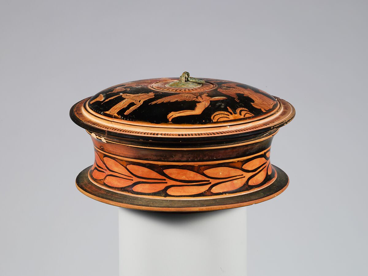 Terracotta pyxis (box), Terracotta, Greek, Attic 