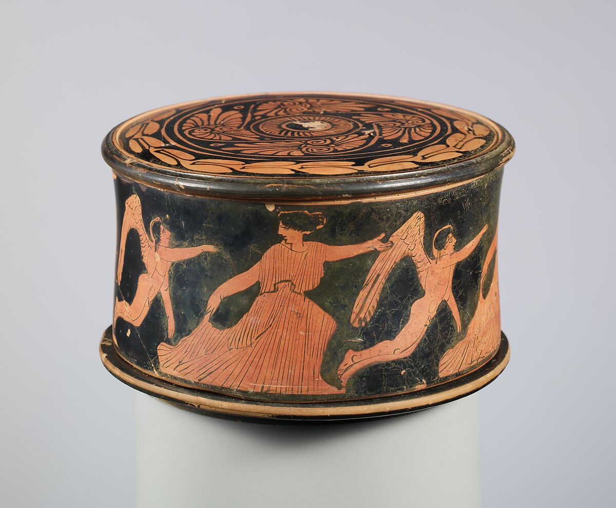 Terracotta pyxis (box), Terracotta, Greek, Attic 