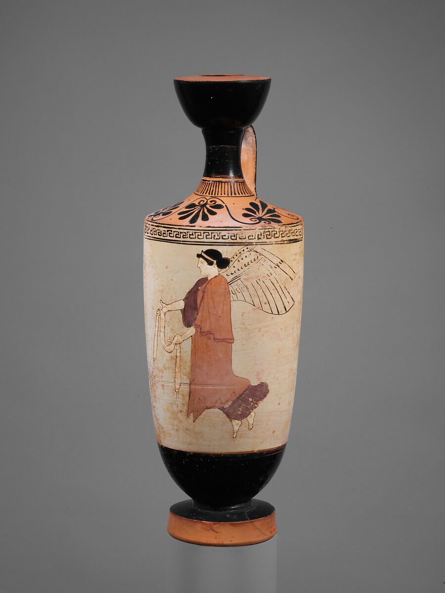 Terracotta lekythos (oil flask), Attributed to the Carlsruhe Painter, Terracotta, Greek, Attic 