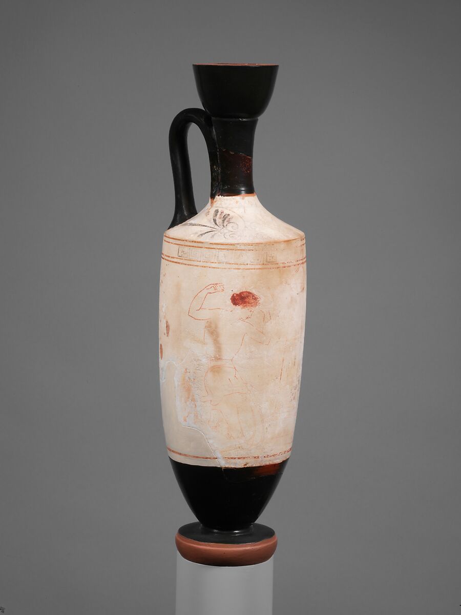 Terracotta lekythos (oil flask), Attributed to the Quadrate Painter, Terracotta, Greek, Attic 