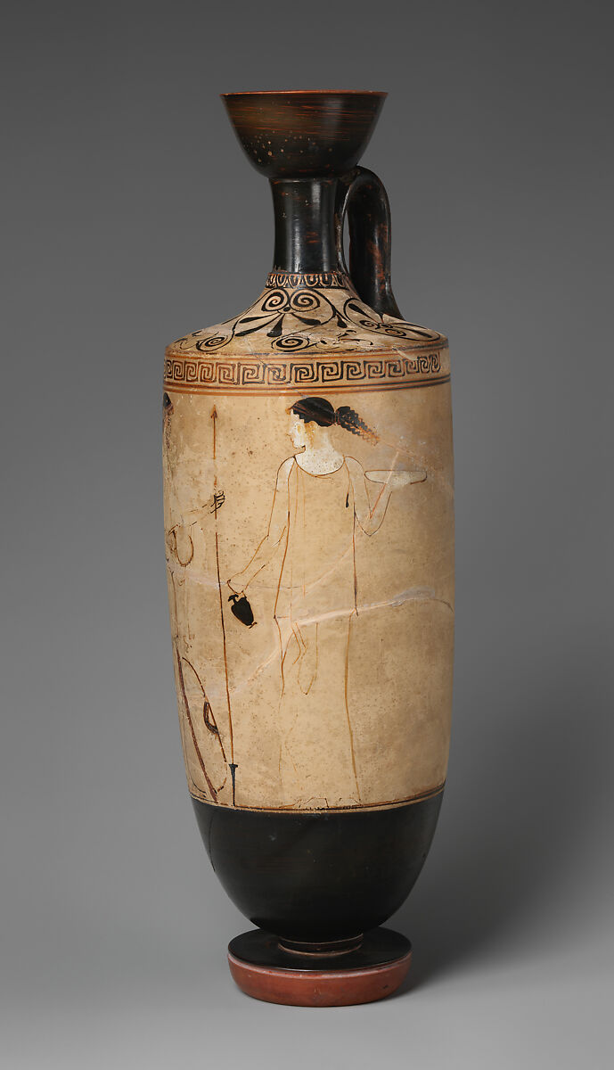 Terracotta lekythos (oil flask), Attributed to an artist near the Villa Giulia Painter, Terracotta, Greek, Attic