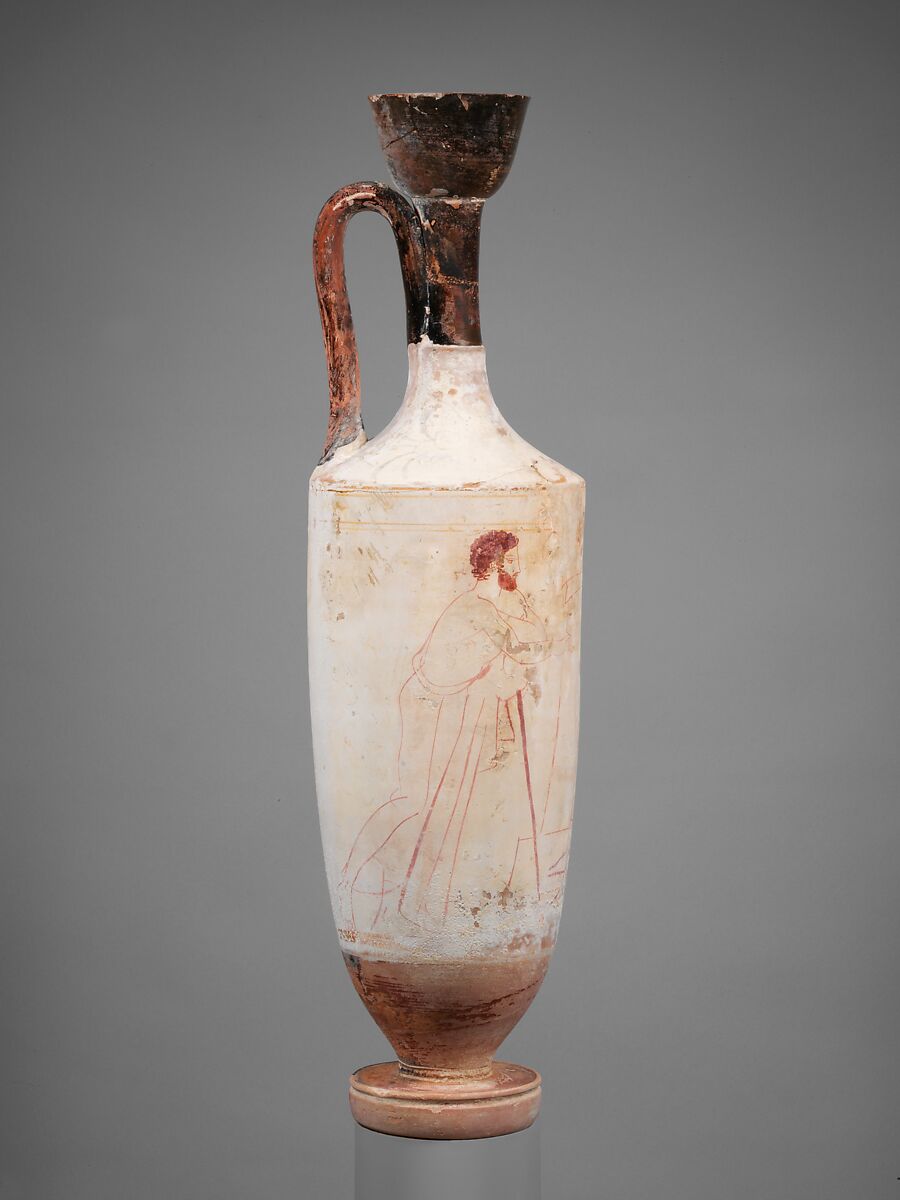 Terracotta lekythos (oil flask), Attributed to the Triglyph Painter, Terracotta, Greek, Attic 