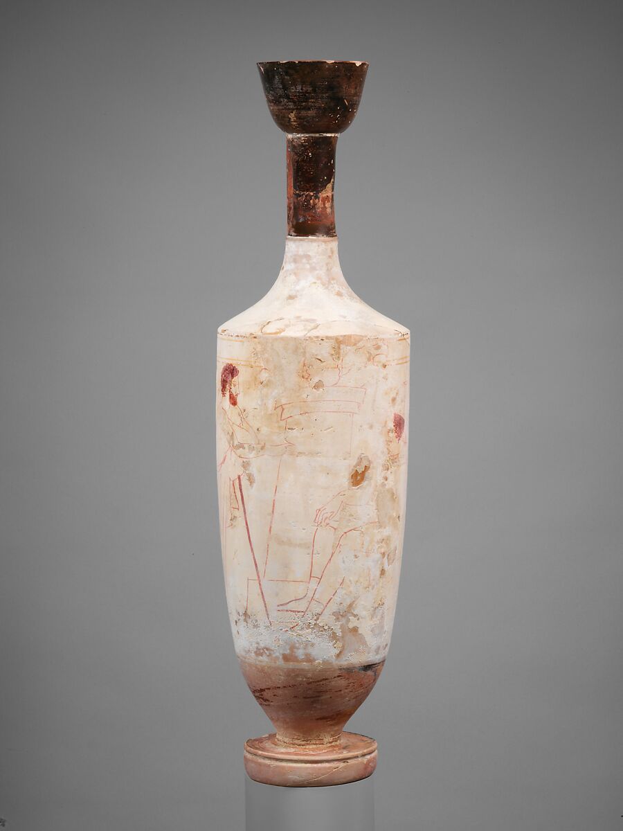 Terracotta lekythos (oil flask), Attributed to the Triglyph Painter, Terracotta, Greek, Attic