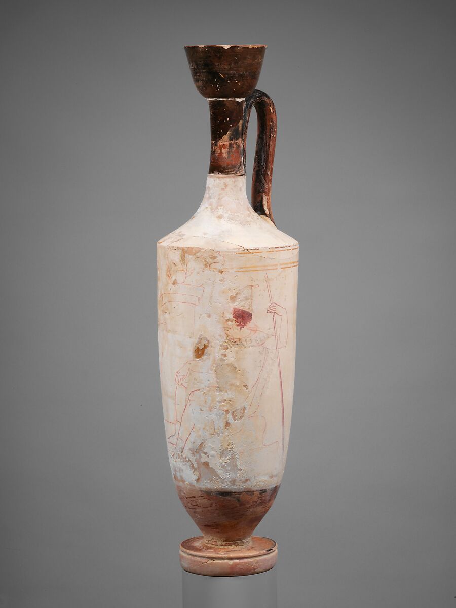 Terracotta lekythos (oil flask), Attributed to the Triglyph Painter, Terracotta, Greek, Attic