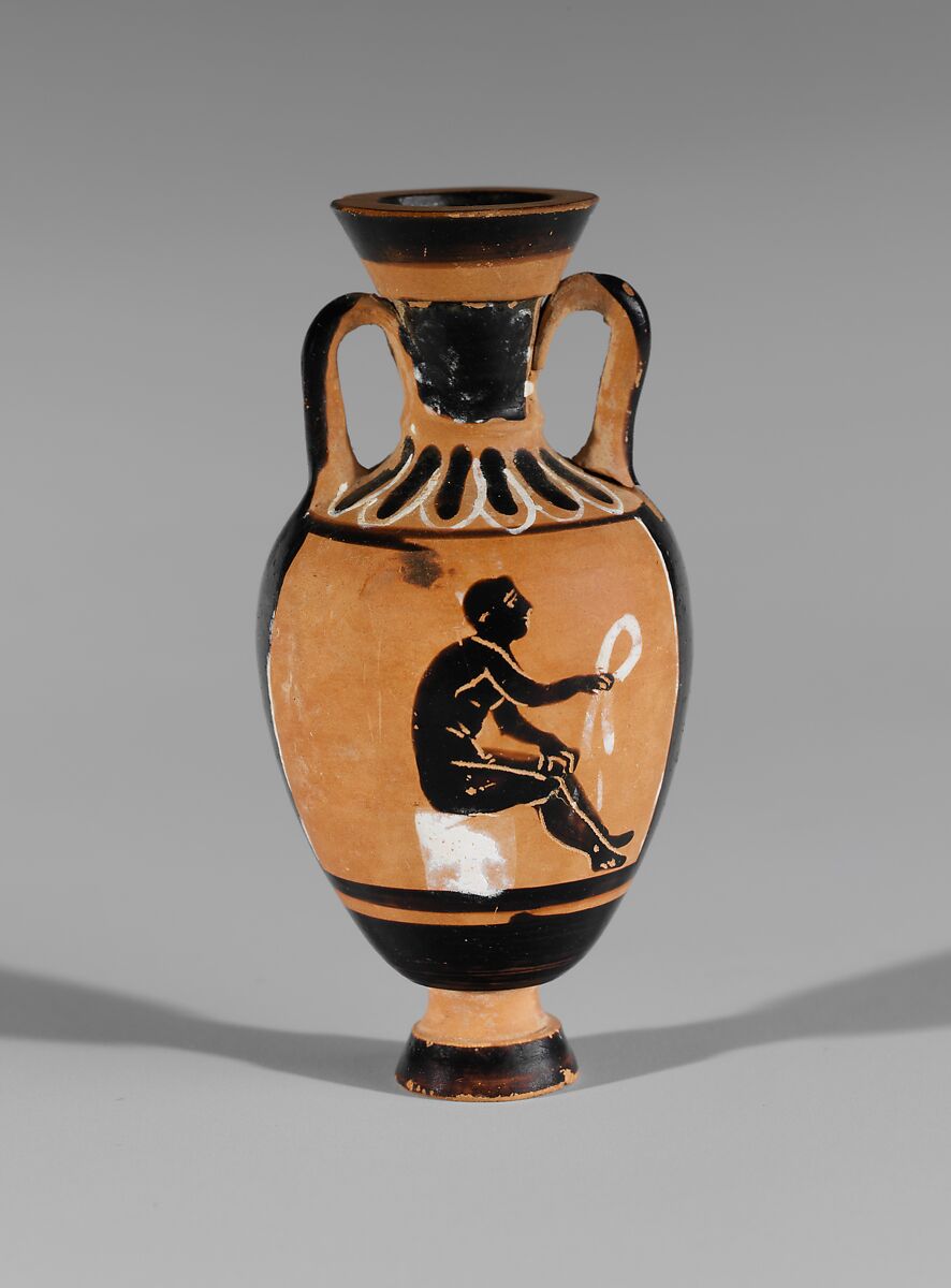 Terracotta miniature Panathenaic amphora, Attributed to the Bulas Group, Terracotta, Greek, Attic 
