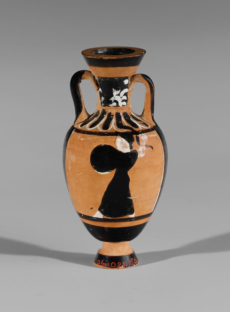 Terracotta miniature Panathenaic amphora, Attributed to the Bulas Group, Terracotta, Greek, Attic