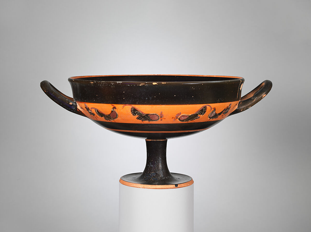 Terracotta kylix: band-cup (drinking cup), Attributed to the manner of Elbows Out, Terracotta, Greek, Attic 