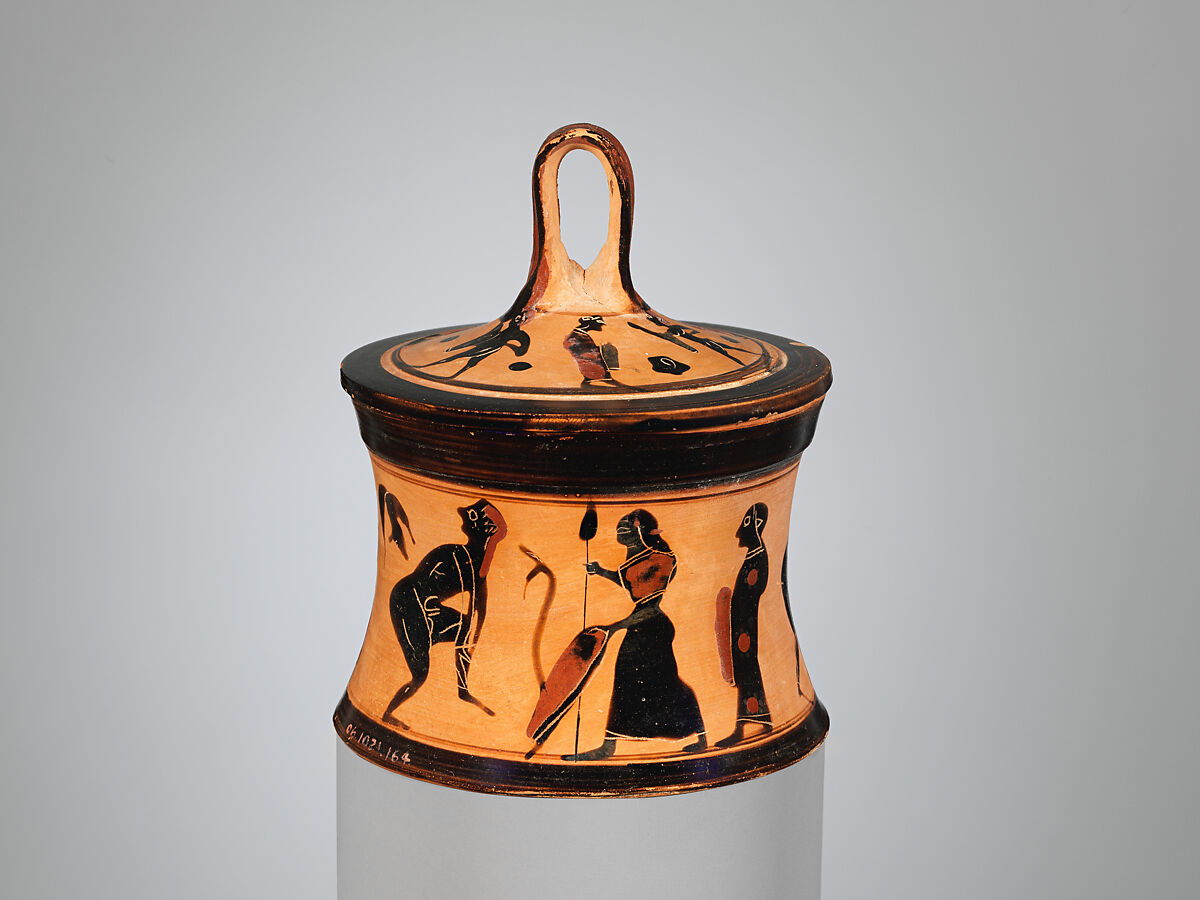 Terracotta pyxis (box), Related to the Painter of Munich 1842, Terracotta, Greek, Attic 