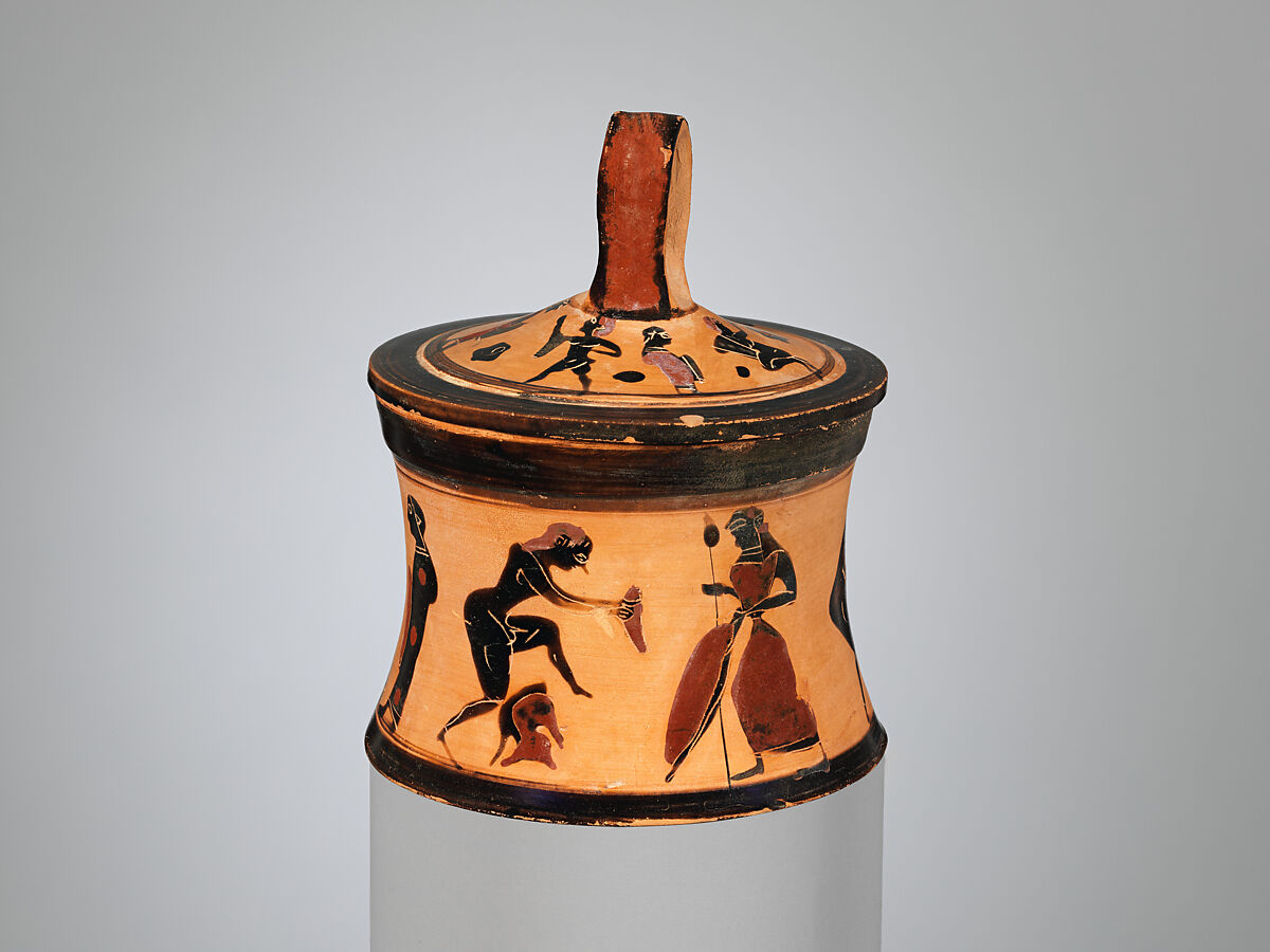 Terracotta pyxis (box), Related to the Painter of Munich 1842, Terracotta, Greek, Attic