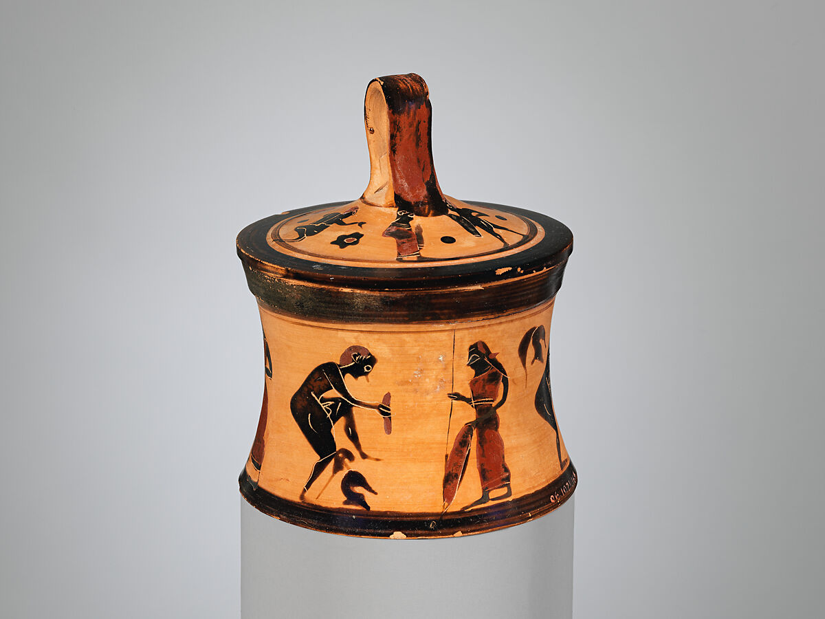 Terracotta pyxis (box), Related to the Painter of Munich 1842, Terracotta, Greek, Attic