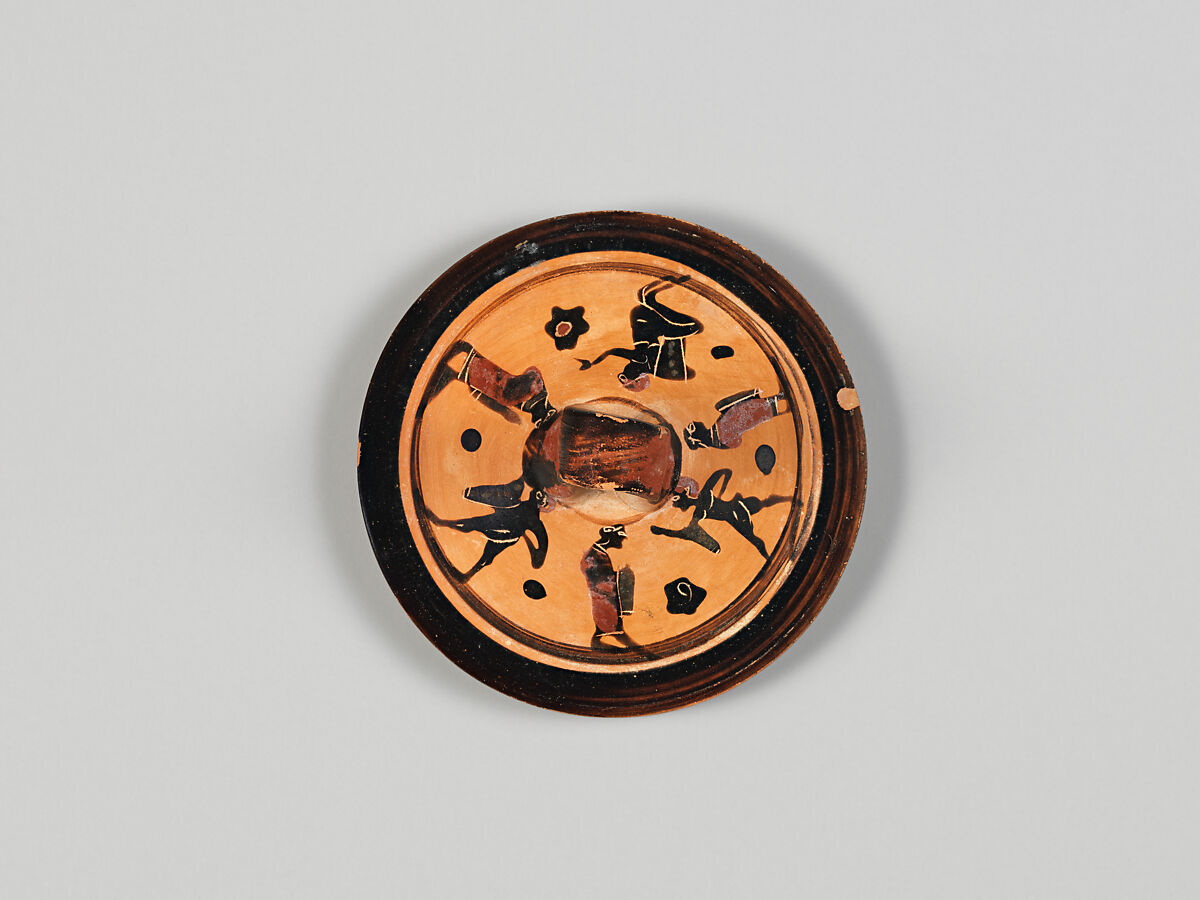 Terracotta pyxis (box), Related to the Painter of Munich 1842, Terracotta, Greek, Attic