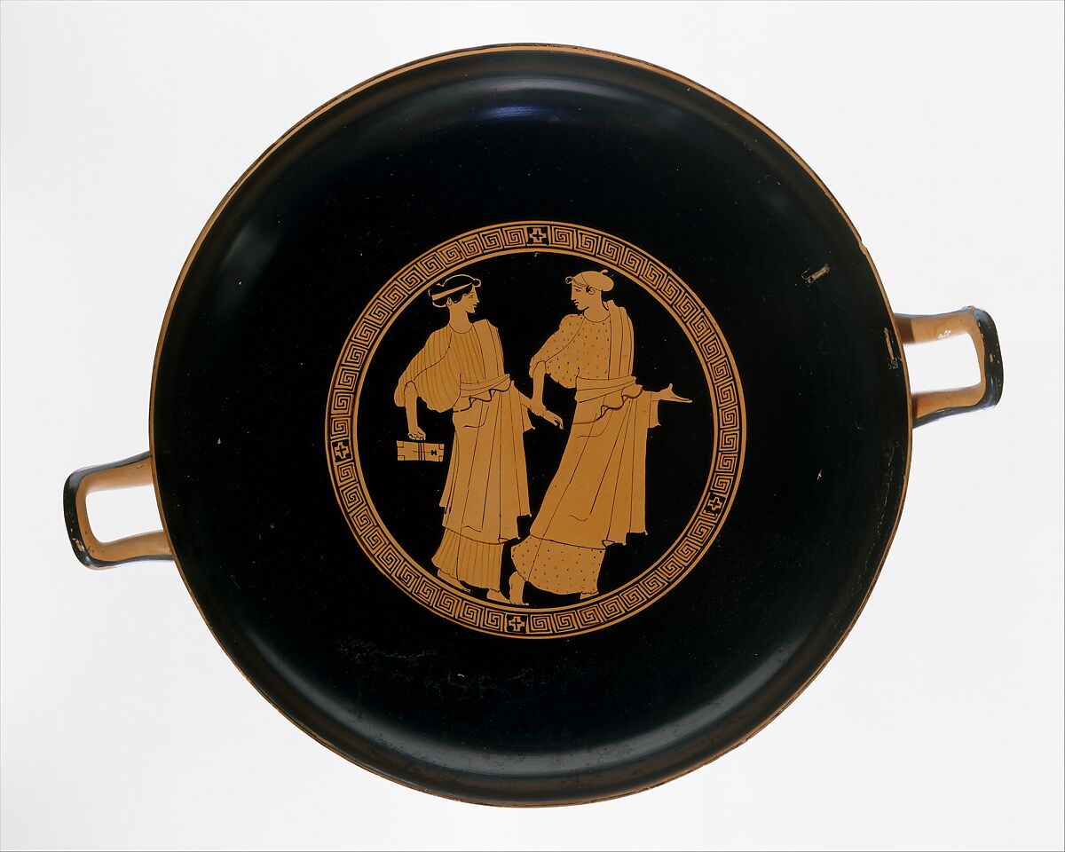 Terracotta kylix (drinking cup), Attributed to the Painter of Bologna 417, Terracotta, Greek, Attic 