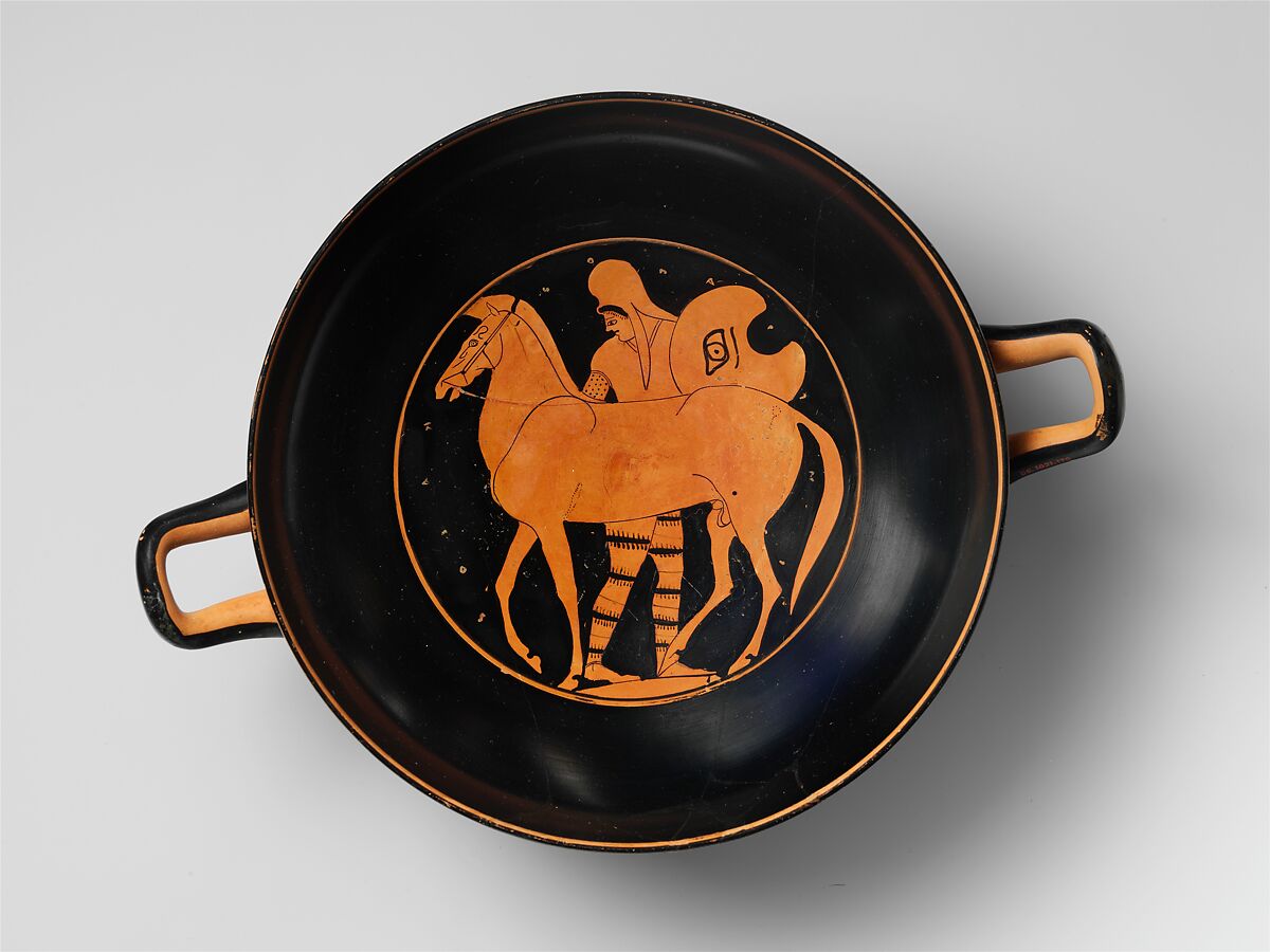Terracotta kylix (drinking cup) with horses, Attributed to the Painter of Berlin 2268, Terracotta, Greek, Attic 