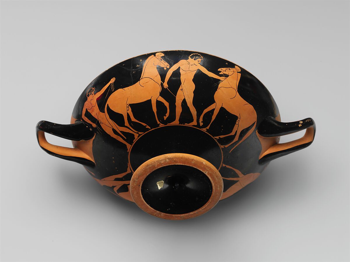 Terracotta kylix (drinking cup) with horses, Attributed to the Painter of Berlin 2268, Terracotta, Greek, Attic